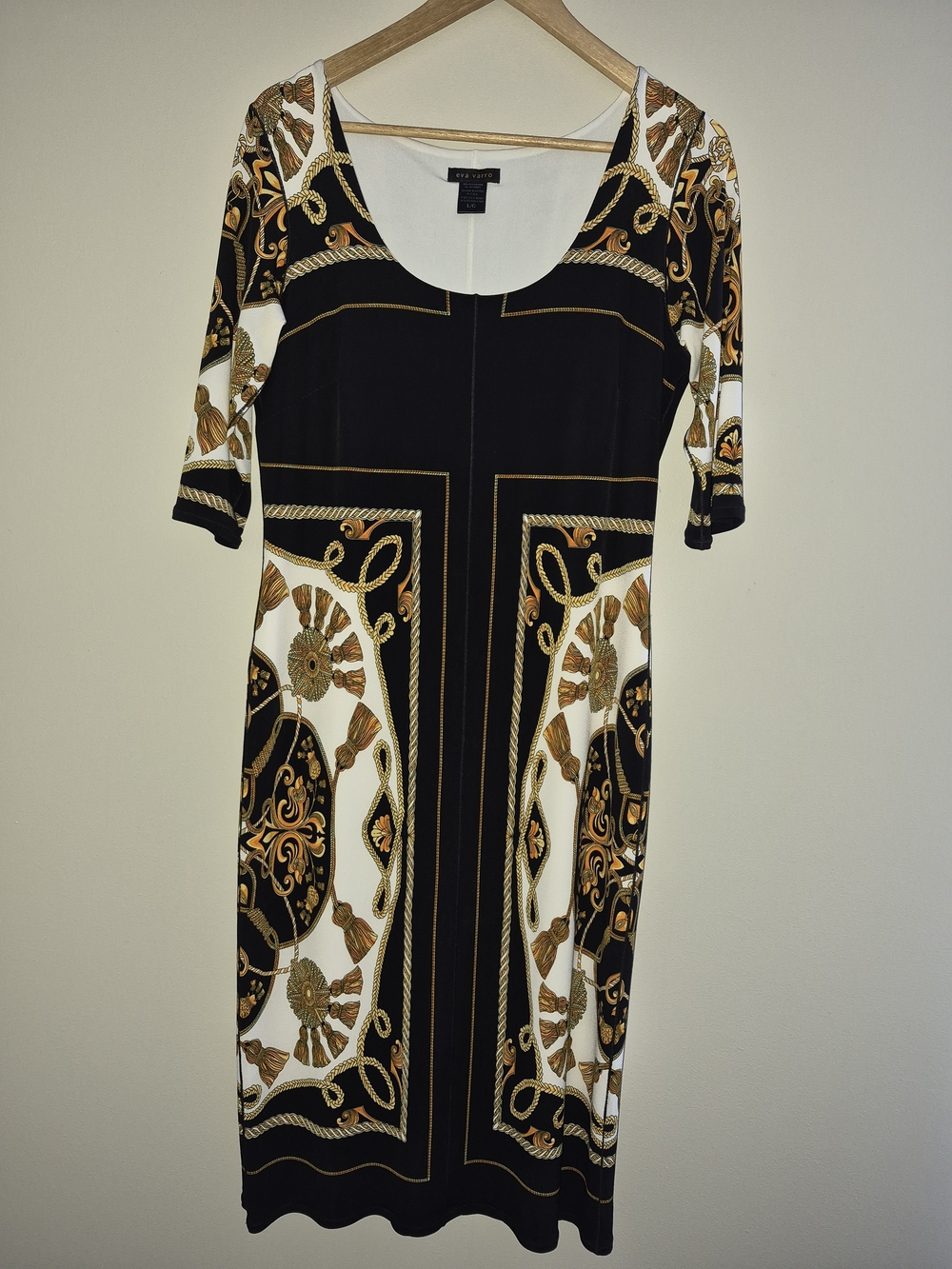 Eva Varro Baroque Chain Print Dress Black Gold Stretch Midi